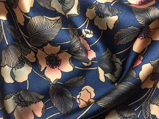 LITSUI - 19 Momme Flowers Pattern Digital Print Stretch Silk Satin Fabric - 140cm wide by the Yard