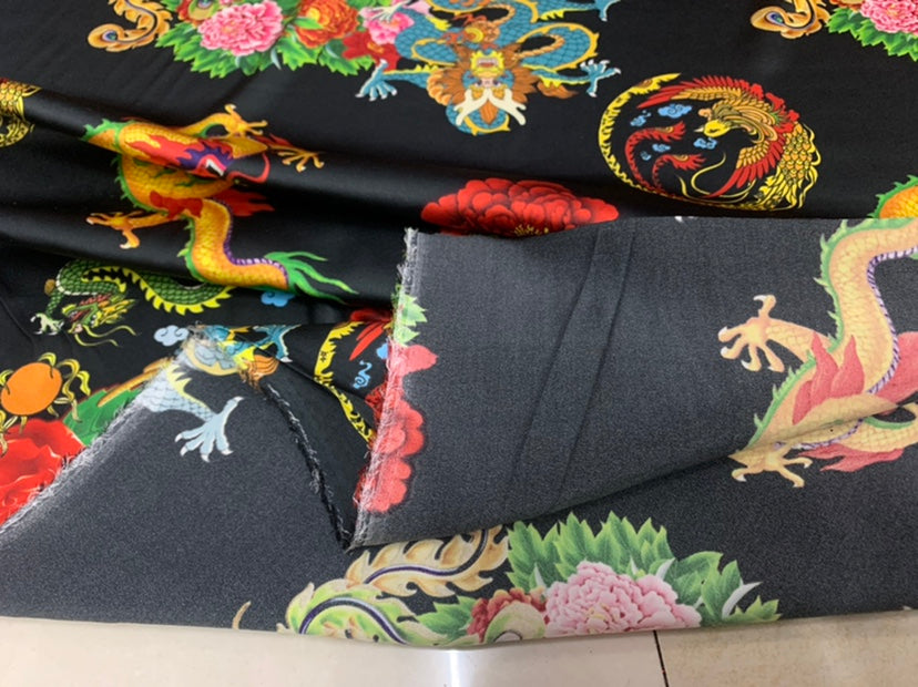 JUREDH - 19 Momme Burgundy Floral Pattern Digital Print Stretch Silk Satin Fabric - 140cm wide by the Yard