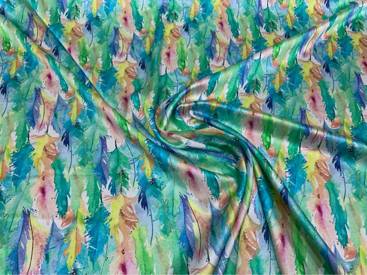 LUFEMA - 19 Momme Green and Pink Feathers Pattern Digital Print Stretch Silk Satin Fabric - 108cm wide by the Yard
