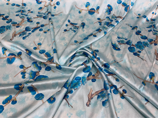 METREE  - 19 Momme Elegant Orchid-colored Plum Tree with White Background Pattern Digital Print Stretch Silk Satin Fabric - 108cm wide by the Yard