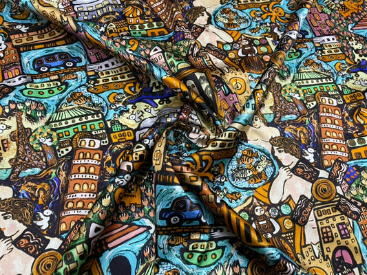 OSIWEN - 19 Momme Retro Style Cartoon Pattern Digital Print Stretch Silk Satin Fabric - 108cm wide by the Yard