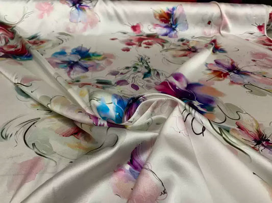 RIXHUA - 19 Momme Fantasy Flowers Pattern Digital Print Stretch Silk Satin Fabric - 140cm wide by the Yard