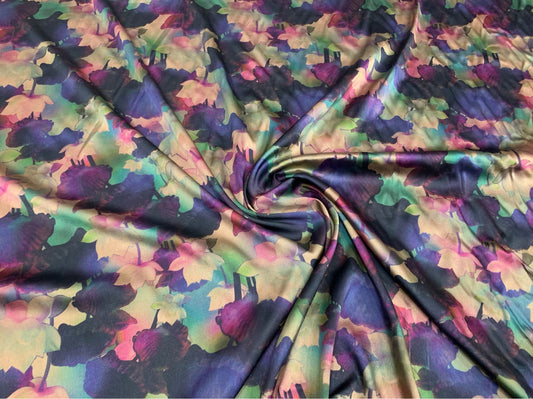 SENZFA - 19 Momme Dark Purple Flowers Pattern Digital Print Stretch Silk Satin Fabric - 108cm wide by the Yard