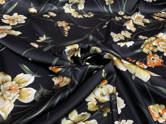 SUIYIN - 19 Momme Elegant Floral Pattern Digital Print Stretch Silk Satin Fabric - 140cm wide by the Yard