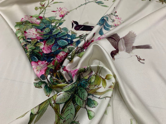 XQUZTO - 19 Momme Chinese Classical Style Magpie Branch Pattern Digital Print Stretch Silk Satin Fabric - 108cm wide by the Yard 　