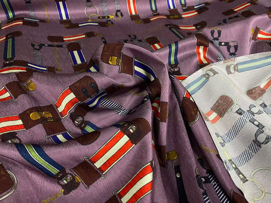 ZPIKOU - 22 Momme Purple Leather Buckle Pattern Digital Print Sangbo Stretch Silk Satin Fabric - 108cm wide by the Yard