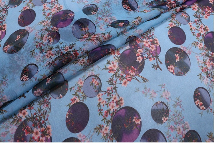 YUEYUAN - 8 Momme Floral Print 2 colors Silk Georgette Fabric - 135cm wide by the Yard