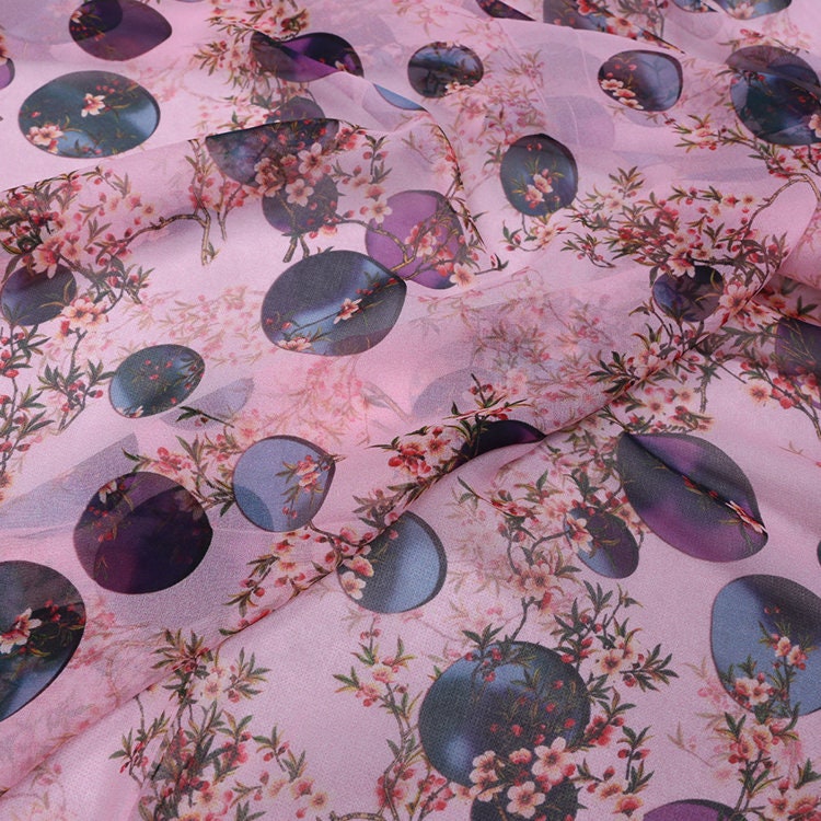 YUEYUAN - 8 Momme Floral Print 2 colors Silk Georgette Fabric - 135cm wide by the Yard