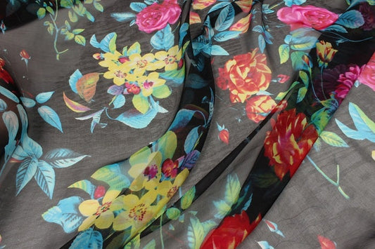 HUAXIANG - 8 momme Floral Print Red Silk Chiffon Fabric - 140cm wide by the Yard
