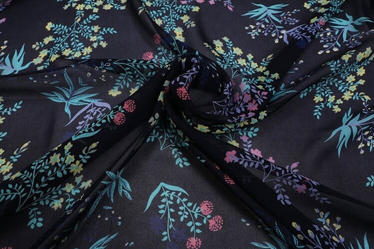 XIAOHUA - 12 Momme Floral Print on Dark Blue Silk Georgette Fabric 138cm by the Yard