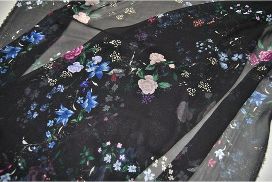 DOUKOU - 8 Momme Birds and Floral print Black Silk Georgette Fabric 140cm by the Yard