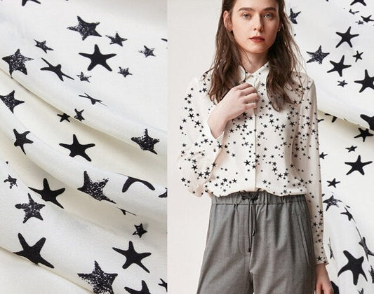 WUJIAOXIN - 16 Momme Little Star Print Silk Crepe de Chine Fabric - 138cm wide by the Yard
