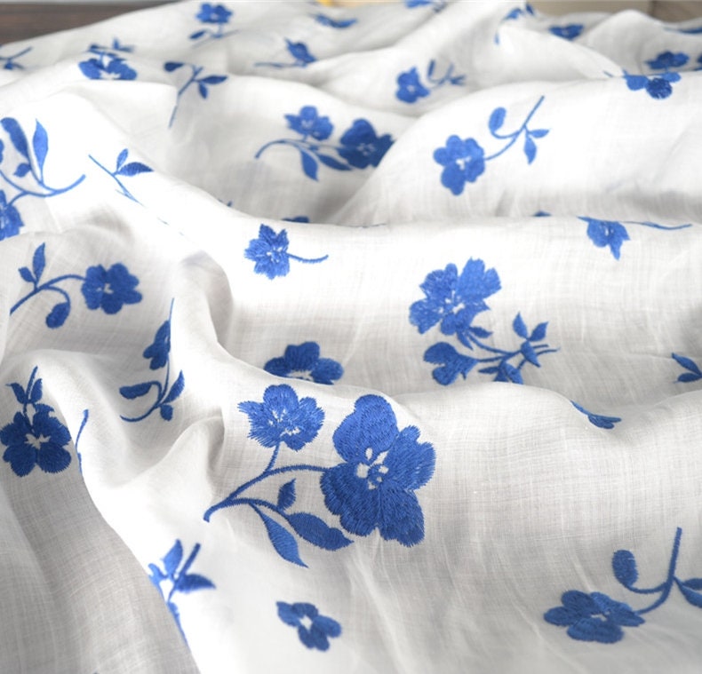 Beautiful Digital Printed Ramie fabric,Embroidered flowers,55"/140cm 100% Ramie fabric, for  dresses, shirts. blouse, by the yard