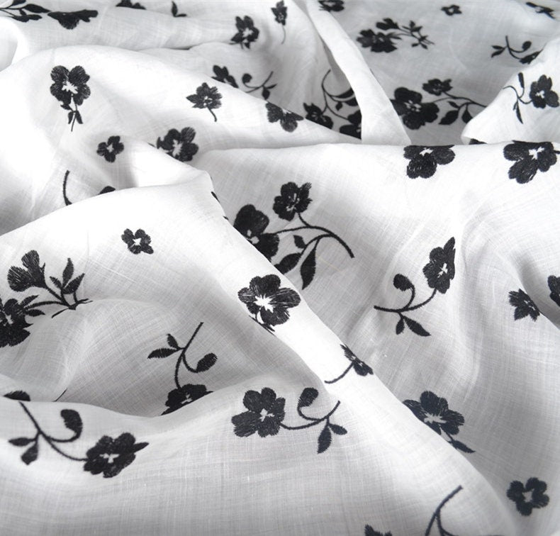 Beautiful Digital Printed Ramie fabric,Embroidered flowers,55"/140cm 100% Ramie fabric, for  dresses, shirts. blouse, by the yard