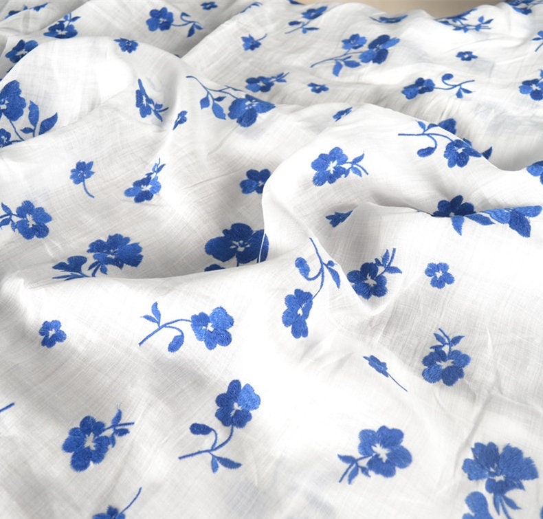 Beautiful Digital Printed Ramie fabric,Embroidered flowers,55"/140cm 100% Ramie fabric, for  dresses, shirts. blouse, by the yard