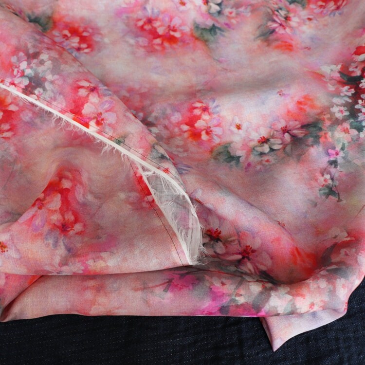 AOMEI - Plum Blossom Print Pink Ramie Fabric-By the Yard