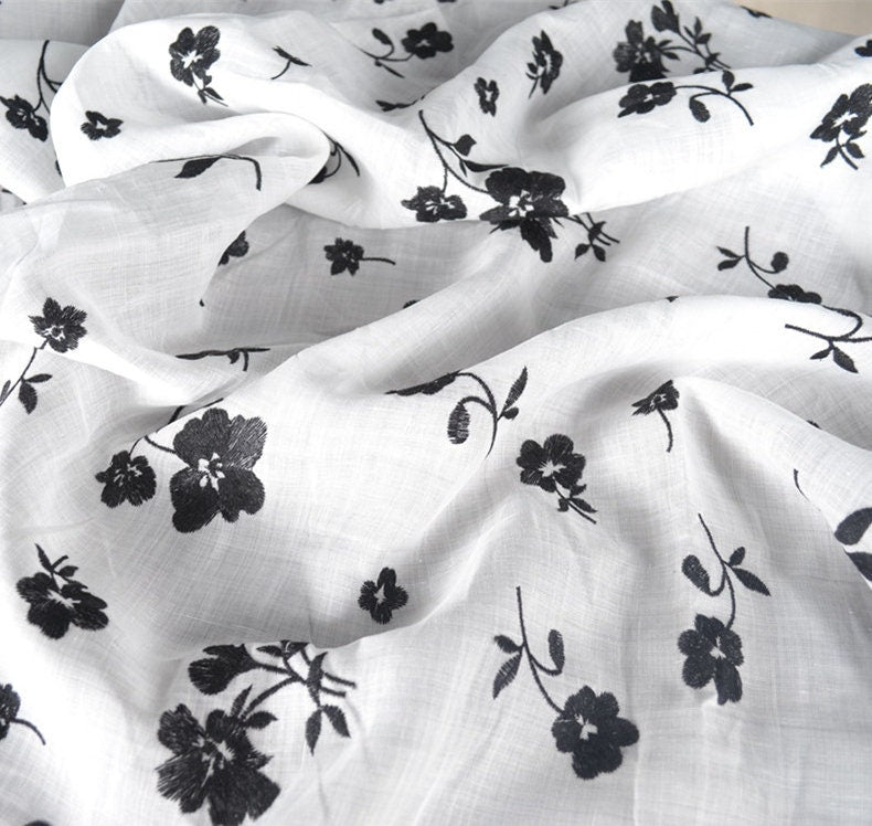 Beautiful Digital Printed Ramie fabric,Embroidered flowers,55"/140cm 100% Ramie fabric, for  dresses, shirts. blouse, by the yard