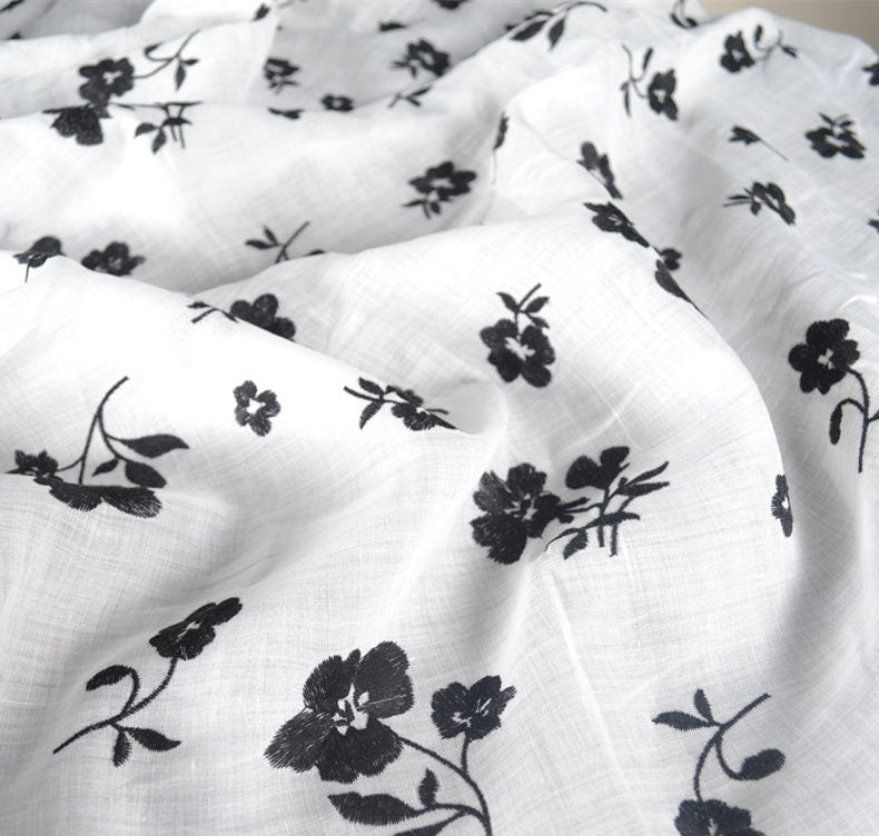 Beautiful Digital Printed Ramie fabric,Embroidered flowers,55"/140cm 100% Ramie fabric, for  dresses, shirts. blouse, by the yard