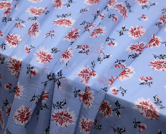 XUERHUA - 10 Momme Red Floral on Cool Blue Silk Georgette Fabric 138cm by the Yard