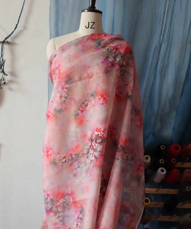AOMEI - Plum Blossom Print Pink Ramie Fabric-By the Yard