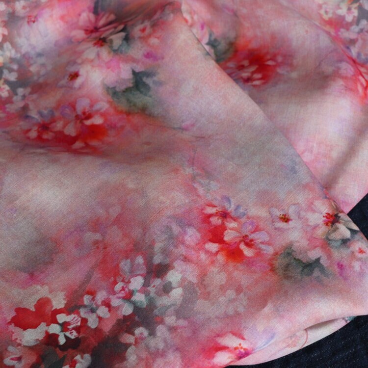 AOMEI - Plum Blossom Print Pink Ramie Fabric-By the Yard