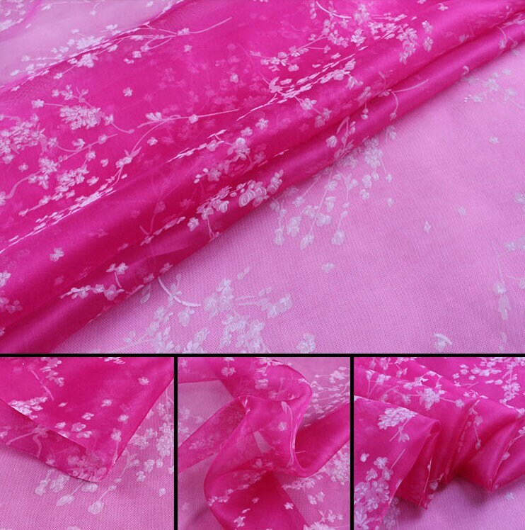 Floral Print Stiff Structured Grid Cloth Silk Organza Fabric - By the Yard