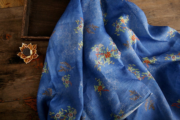 BAILING Vintage Style Floral Printed Ramie fabric for Summer Dresses By the Yard
