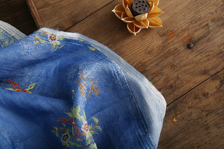 BAILING Vintage Style Floral Printed Ramie fabric for Summer Dresses By the Yard