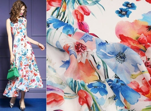 QINGXIN - 12 momme Floral Print Silk Crepe de Chine Fabric - 138cm wide by the Yard