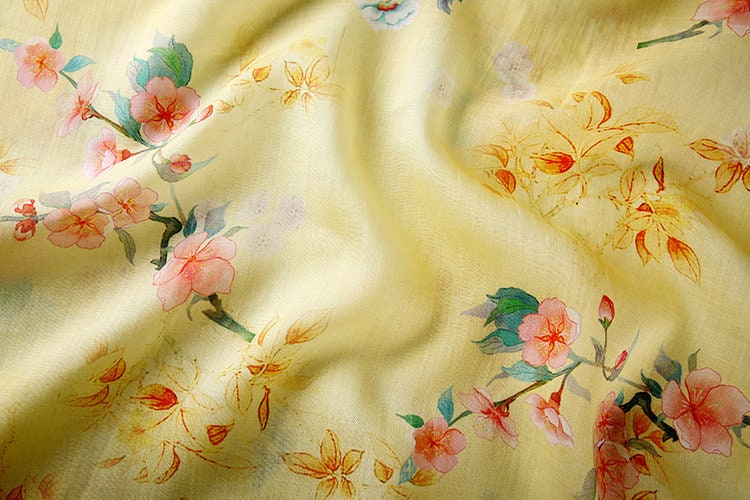 MEIHUA Peach Blossom Floral Printed Yellow Ramie Fabric By the Yard