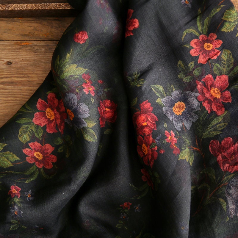 SHIYI - Printed Red Floral Black Ramie Fabric - 140cm wide by the Yard
