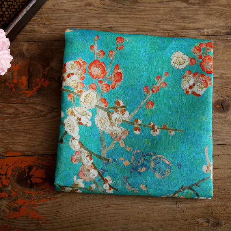 LANMEI Wintersweet Floral Printed Blue Ramie fabric By the Yard