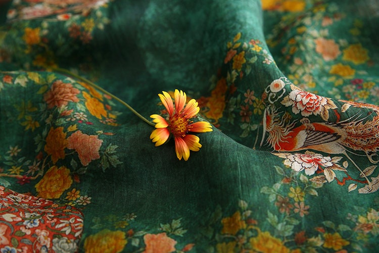 NANXU - Vintage Style Floral Print Green 42 Thread Count Ramie Fabric - 140cm wide by the Yard