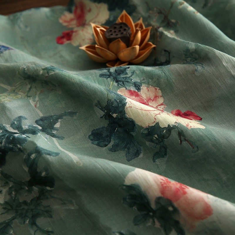 QINGCI Celandon Green Printed Floral Ramie fabric By the Yard