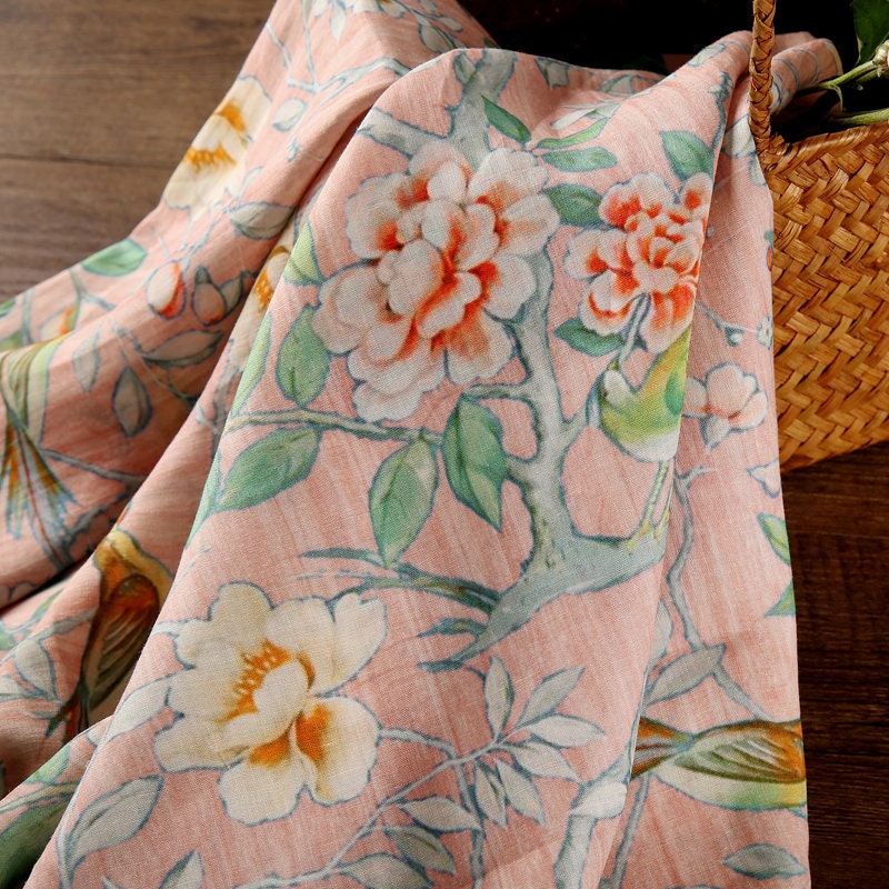 HUAGYING Bilttle Bird Floral Print Vintage Peach Pink Ramie fabric for designers By the Yard