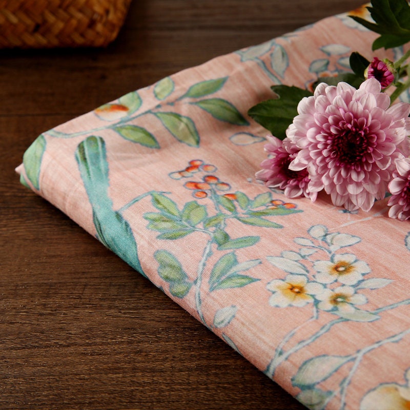 HUAGYING Bilttle Bird Floral Print Vintage Peach Pink Ramie fabric for designers By the Yard