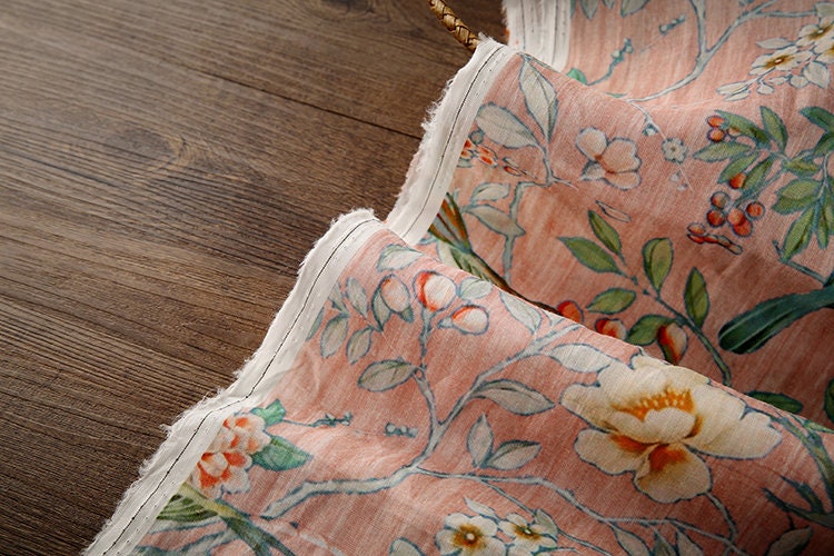 HUAGYING Bilttle Bird Floral Print Vintage Peach Pink Ramie fabric for designers By the Yard