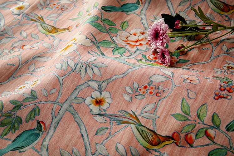HUAGYING Bilttle Bird Floral Print Vintage Peach Pink Ramie fabric for designers By the Yard