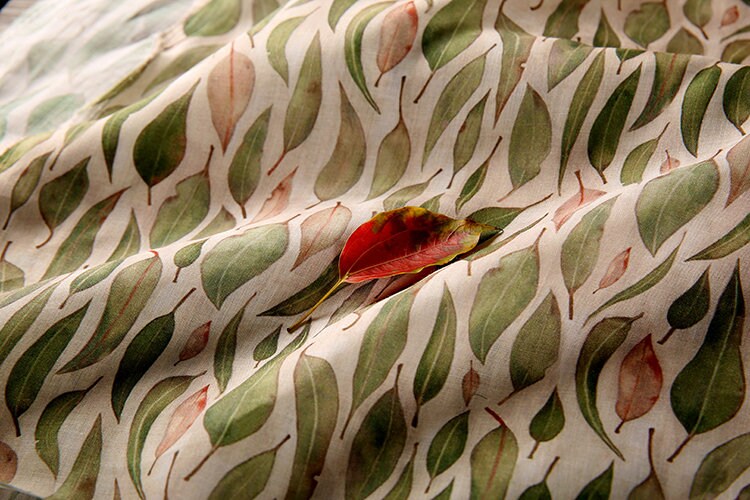 QIANLIU Vintage Leaves Printed Ramie fabric By the Yard
