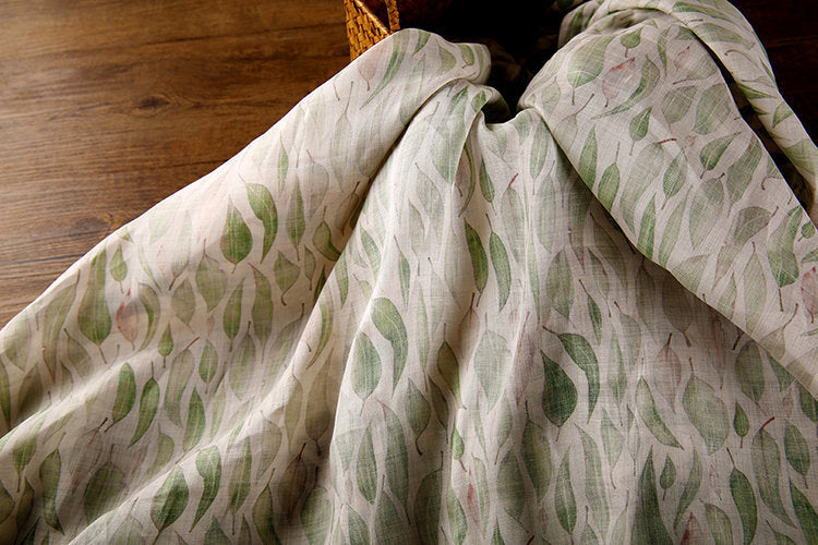 QIANLIU Vintage Leaves Printed Ramie fabric By the Yard