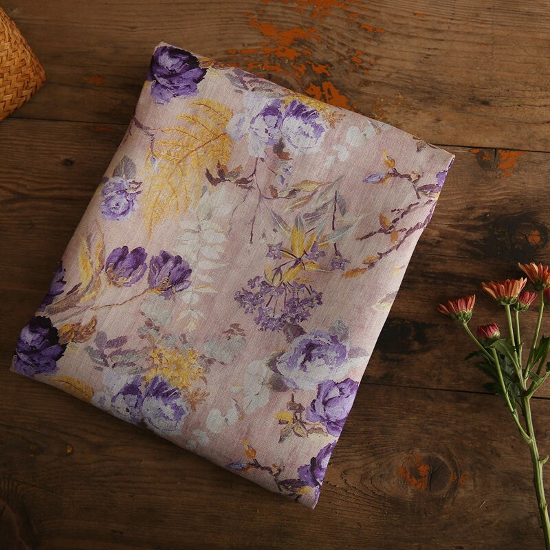 ZIWEI Purple Roses Floral Printed Ramie Fabric By the Yard