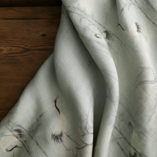 YEHE Cranes Vintage Style Light Grey Color Printed Ramie fabric By the Yard