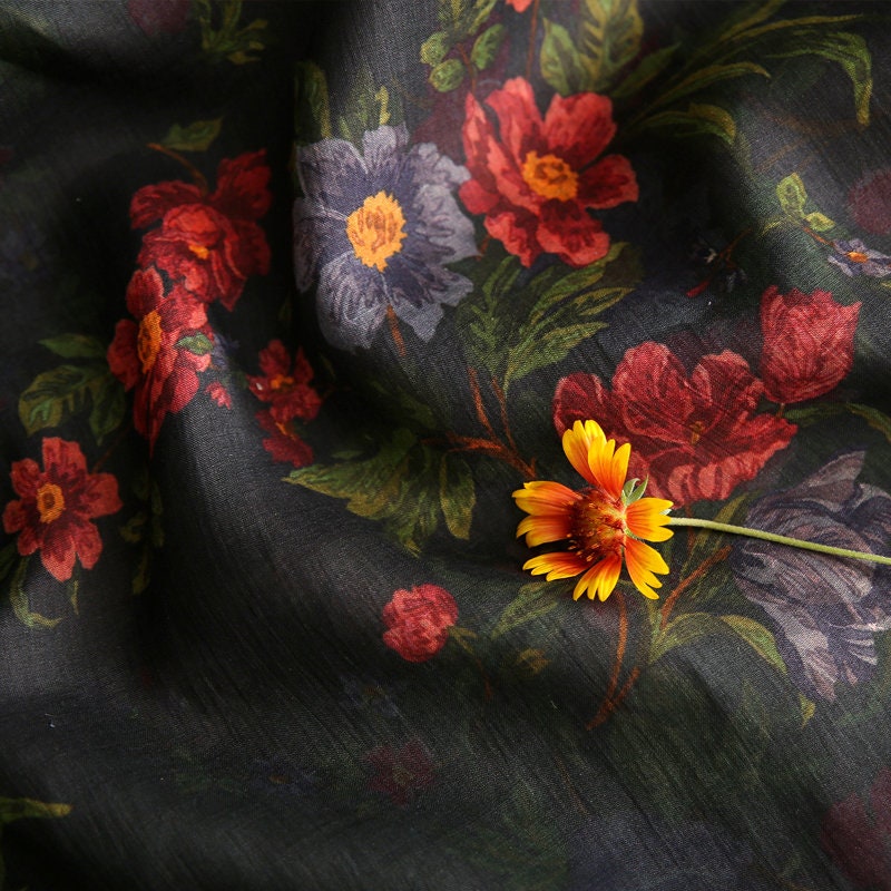 SHIYI - Printed Red Floral Black Ramie Fabric - 140cm wide by the Yard