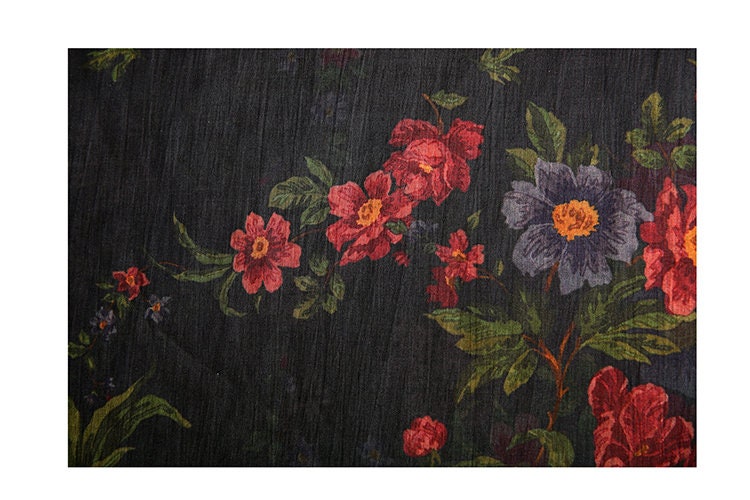 SHIYI - Printed Red Floral Black Ramie Fabric - 140cm wide by the Yard