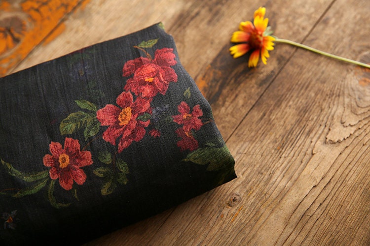 SHIYI - Printed Red Floral Black Ramie Fabric - 140cm wide by the Yard