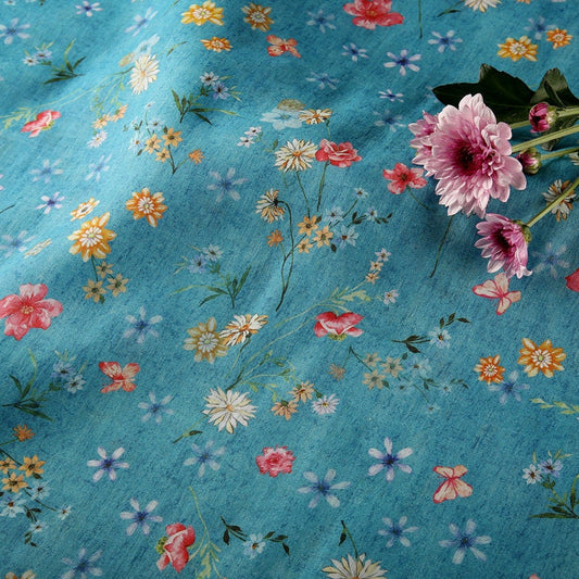 HUPAN Little Flowers Printed Blue Ramie fabric By the Yard
