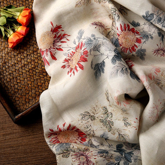 MULAN Autumn Chrysanthemum Printed Beige Ramie fabric By the Yard