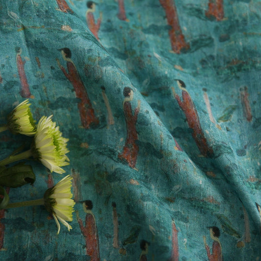 Dunhuang Prayer Printed Green Ramie Fabric By the Yard