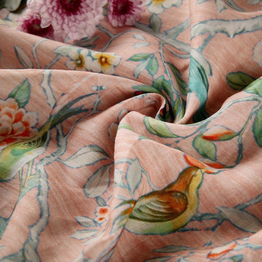 HUAGYING Bilttle Bird Floral Print Vintage Peach Pink Ramie fabric for designers By the Yard
