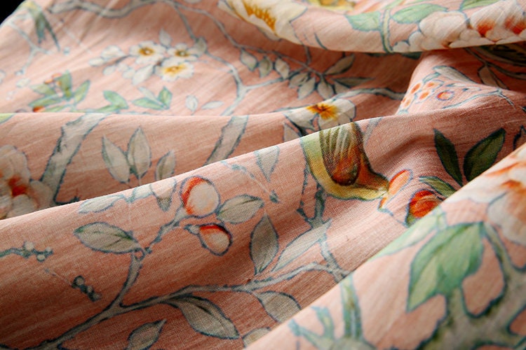 HUAGYING Bilttle Bird Floral Print Vintage Peach Pink Ramie fabric for designers By the Yard